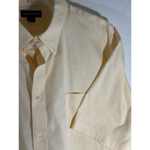 Lands End Mens Sz 17 Yellow No Iron Pinpoint Oxford Short Sleeve Cotton Shirt - Picture 5 of 7